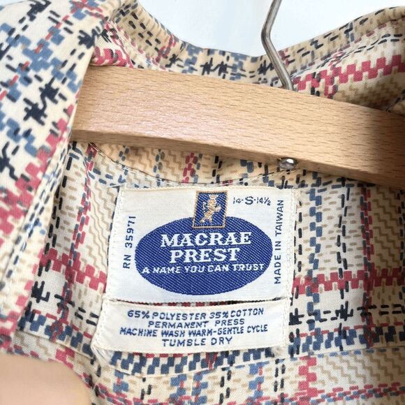 Vintage 70s Macrae Prest Plaid Button-Up Shirt - Permanent Press - S 14-14½ - Picture 2 of 11